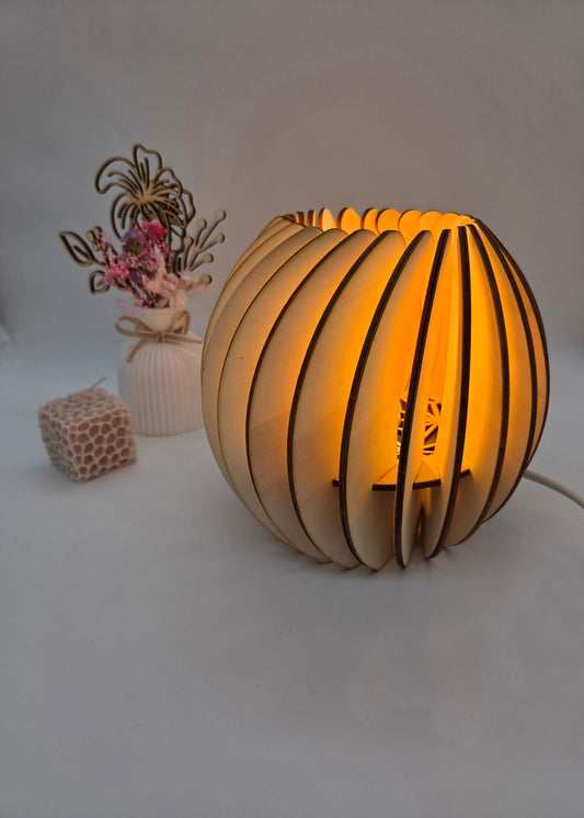 Handgefertigte runde Holz-Tischlampe 18 cm mit warmem indirektem Licht und Lamellendesign